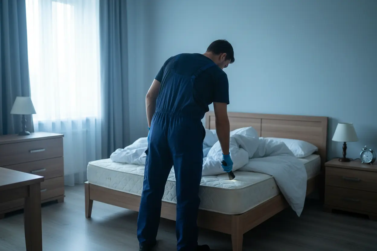 Technicien examinant un matelas dans un appartement